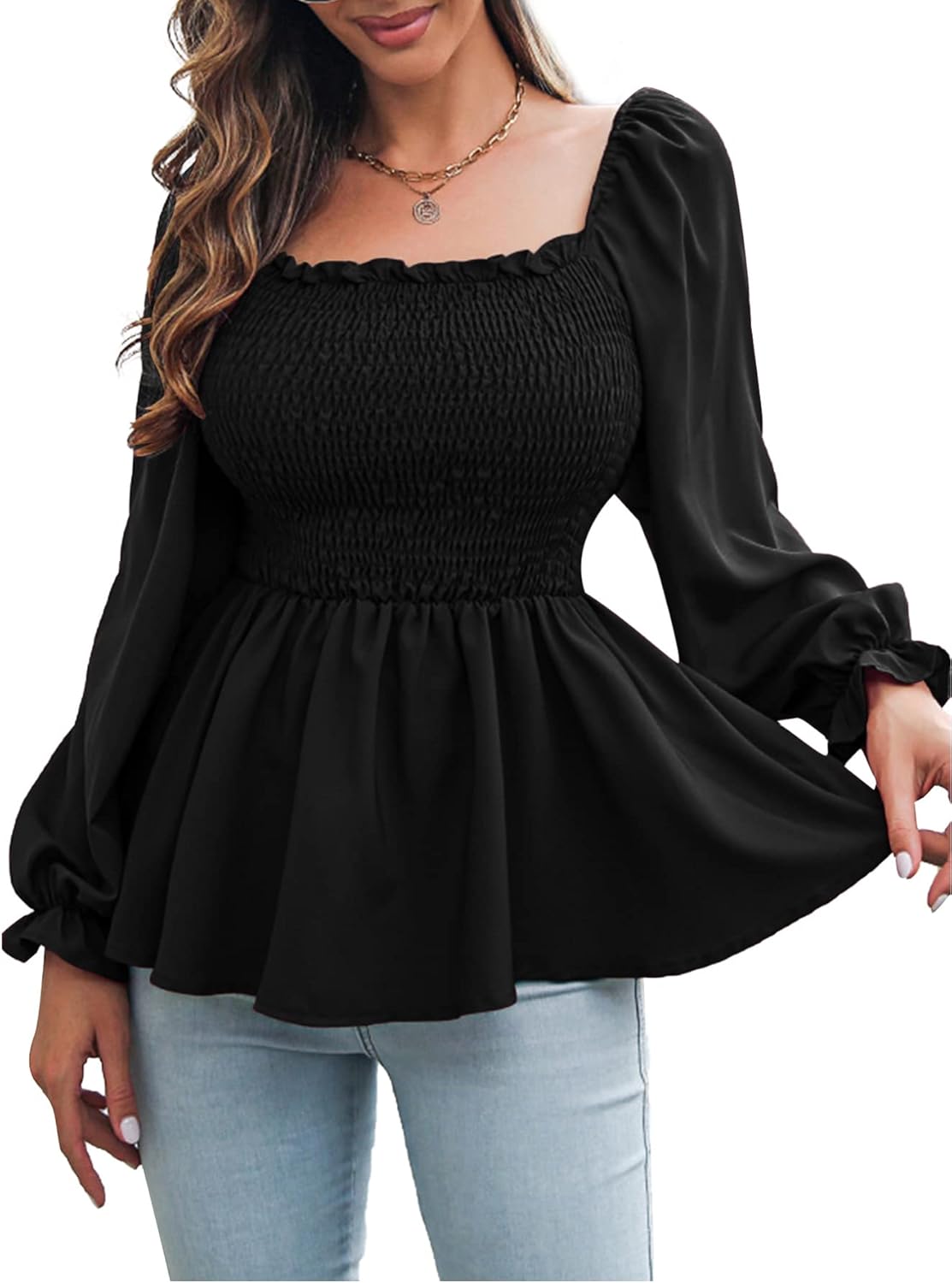 Size XL Vrtige Women's Square Neck Shirred Ruffle Hem Long Sleeve Blouse Shirt Peplum Top